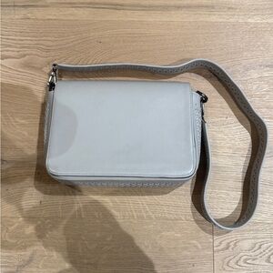 Calista Light Gray Leather Handbag — Embossed Logo Flap